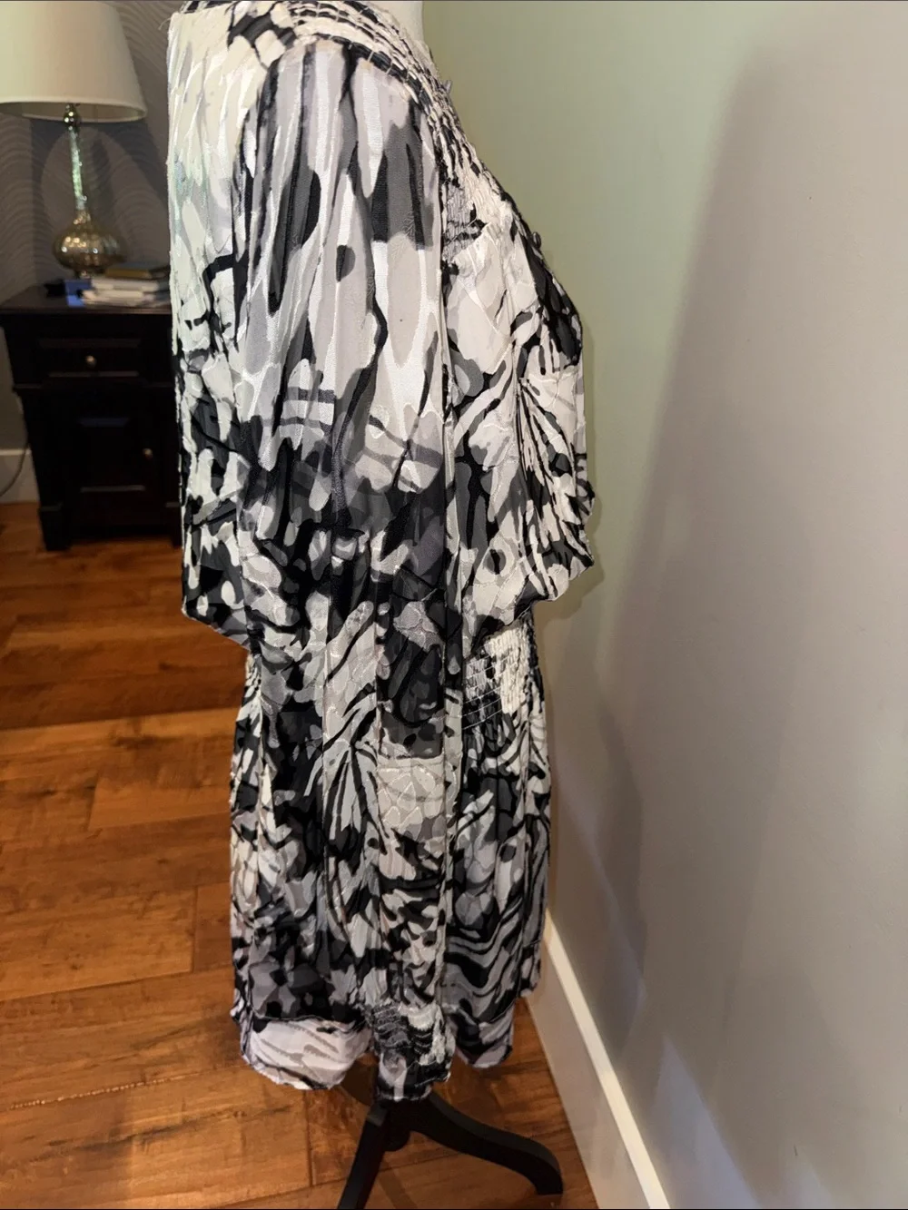 White House black market Women's Black & White Smocked Waist Long-Sleeve Dress